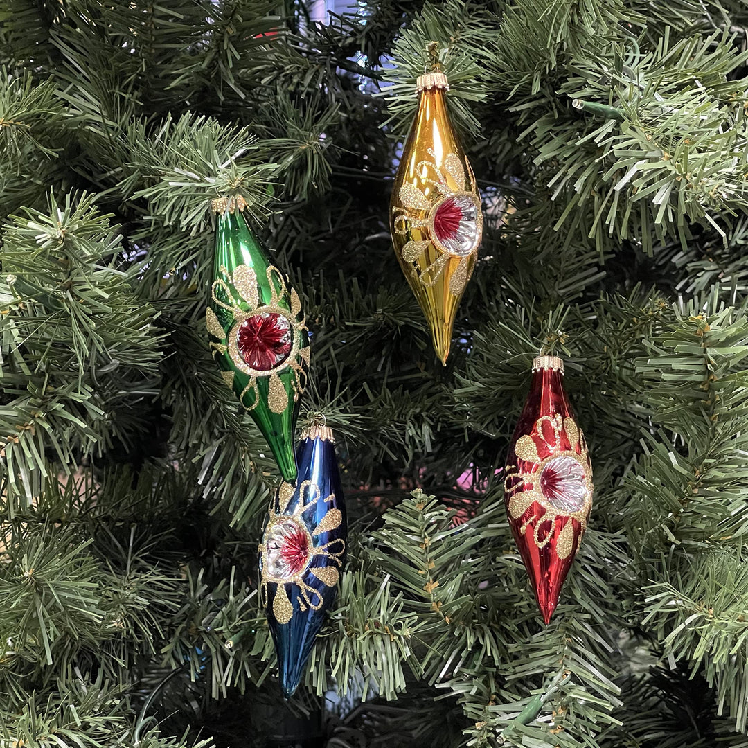 Glass Christmas Tree Ornaments - 67mm/2.63" [4 Pieces] Decorated Balls from Christmas by Krebs Seamless Hanging Holiday Decor (Traditional Colors 4" Finial Reflectors)