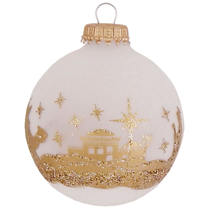Glass Christmas Tree Ornaments - 67mm/2.63" [4 Pieces] Decorated Balls from Christmas by Krebs Seamless Hanging Holiday Decor (Frost with Gold Bethlehem Scene)