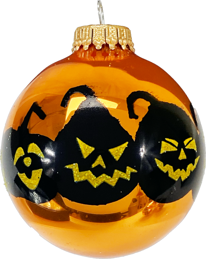 Halloween Tree Ornaments - 67mm/2.625" Decorated Glass Balls from Christmas by Krebs - Handmade Seamless Hanging Holiday Decorations for Trees - Set of 4 (Shiny Orange Crush with Jack-O-Lanters)