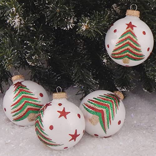 Glass Christmas Tree Ornaments - 67mm/2.63" [4 Pieces] Decorated Balls from Christmas by Krebs Seamless Hanging Holiday Decor (Porcelain White with Christmas Tree)