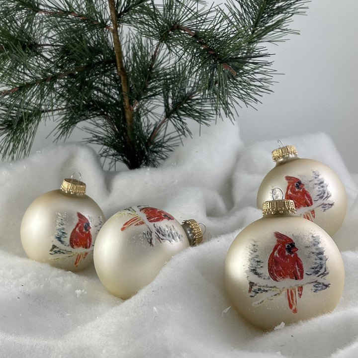 Glass Christmas Tree Ornaments - 67mm/2.625" [4 Pieces] Decorated Balls from Christmas by Krebs Seamless Hanging Holiday Decor (Velvet Oyster with Cardinal)