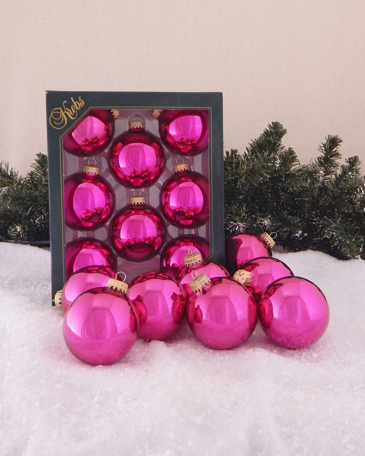 Glass Christmas Tree Ornaments - 67mm / 2.63" [8 Pieces] Designer Balls from Christmas By Krebs Seamless Hanging Holiday Decor (Shiny Cabernet Pink)