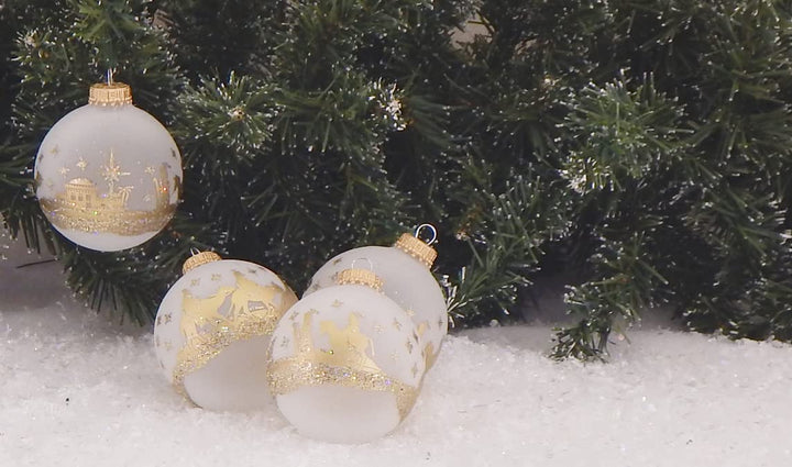 Glass Christmas Tree Ornaments - 67mm/2.63" [4 Pieces] Decorated Balls from Christmas by Krebs Seamless Hanging Holiday Decor (Frost with Gold Bethlehem Scene)