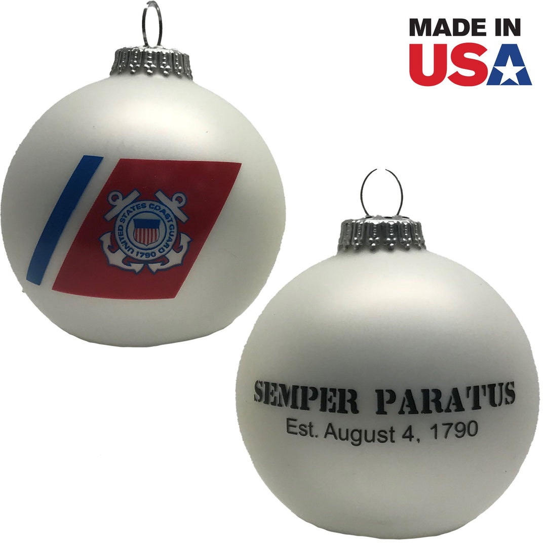 Christmas Tree Ornaments Made in the USA - 80mm / 3.25" Decorated Collectible Glass Balls from Christmas by Krebs - Handmade Hanging Holiday Decorations for Trees (Coast Guard Motto & Est Date, Motto)