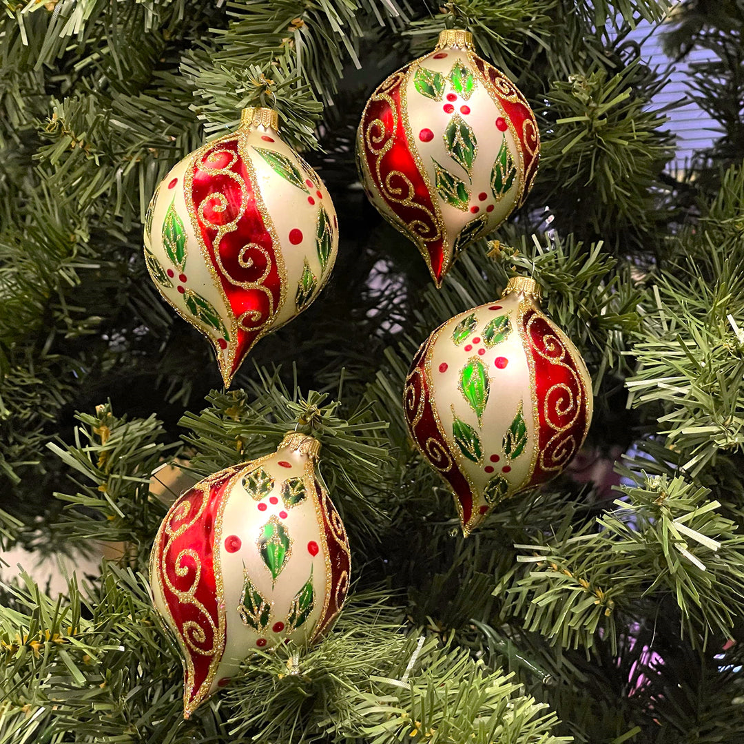 Glass Christmas Tree Ornaments - 67mm/2.63" [4 Pieces] Decorated Balls from Christmas by Krebs Seamless Hanging Holiday Decor (Chiffon Gold 3.5" Onion with Holly & Scrolls)