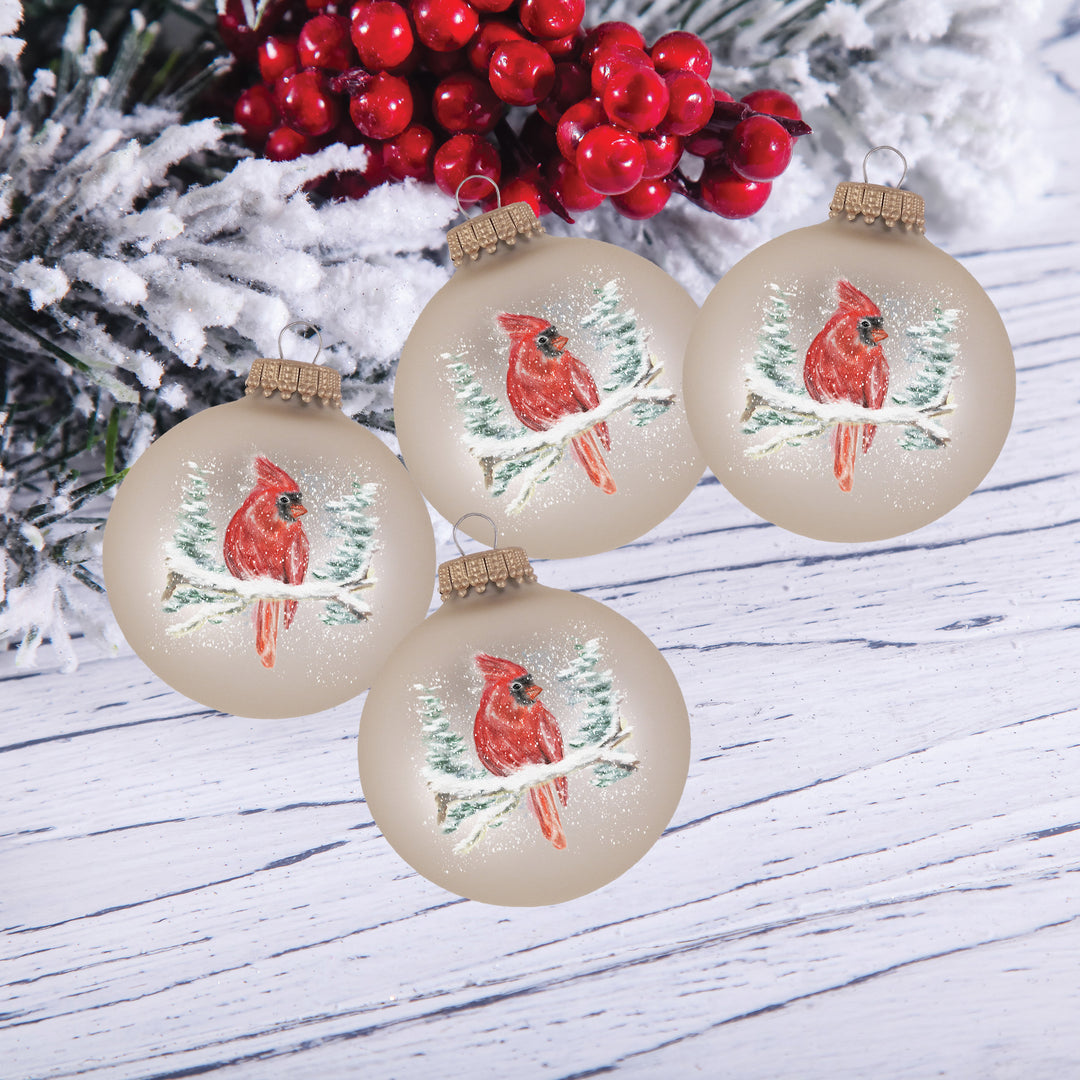 Glass Christmas Tree Ornaments - 67mm/2.625" [4 Pieces] Decorated Balls from Christmas by Krebs Seamless Hanging Holiday Decor (Velvet Oyster with Cardinal)