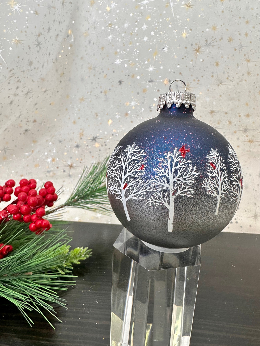 Glass Christmas Tree Ornaments - 67mm/2.63" [4 Pieces] Decorated Balls from Christmas by Krebs Seamless Hanging Holiday Decor (Midnight Haze & Silver w/ Trees & Cardinals)