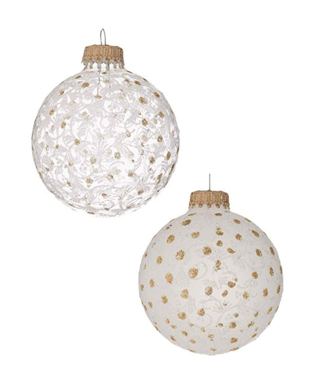 Glass Christmas Tree Ornaments - 67mm/2.63" [4 Pieces] Decorated Balls from Christmas by Krebs Seamless Hanging Holiday Decor (Clear and Frost with Lace and Gold Sparkles)