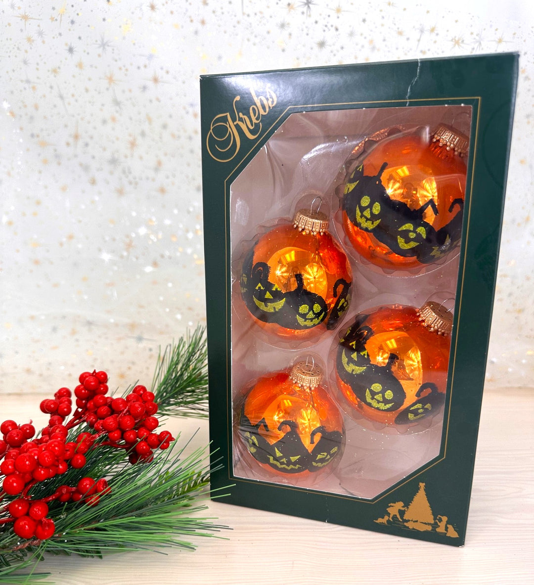 Halloween Tree Ornaments - 67mm/2.625" Decorated Glass Balls from Christmas by Krebs - Handmade Seamless Hanging Holiday Decorations for Trees - Set of 4 (Shiny Orange Crush with Jack-O-Lanters)