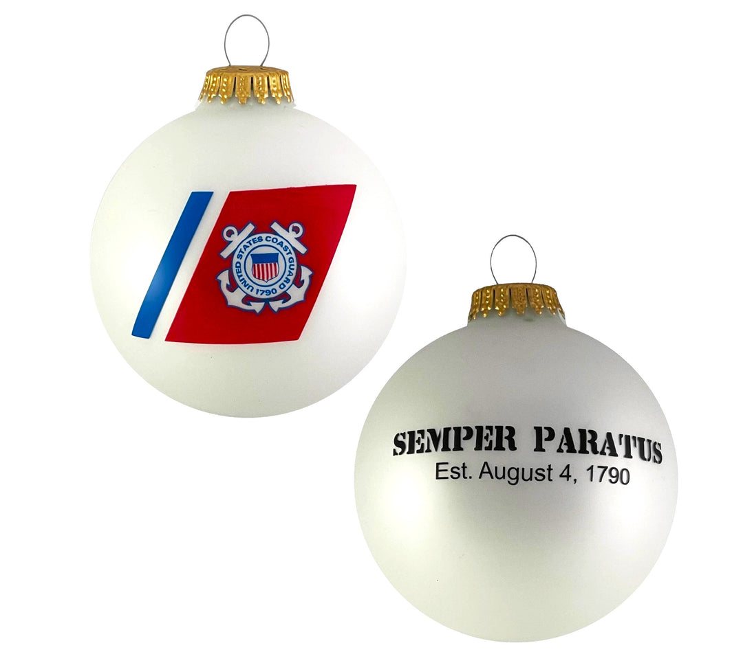 Christmas Tree Ornaments Made in the USA - 80mm / 3.25" Decorated Collectible Glass Balls from Christmas by Krebs - Handmade Hanging Holiday Decorations for Trees (Coast Guard Motto & Est Date, Motto)