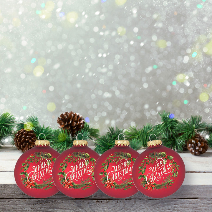 Glass Christmas Tree Ornaments - 67mm/2.625" [4 Pieces] Decorated Balls from Christmas by Krebs Seamless Hanging Holiday Decor (Red Velvet with Merry Christmas Wreath)
