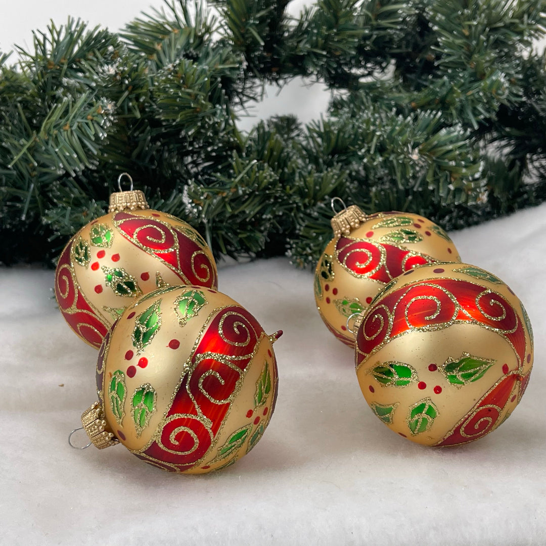 Glass Christmas Tree Ornaments - 67mm/2.63" [4 Pieces] Decorated Balls from Christmas by Krebs Seamless Hanging Holiday Decor (Chiffon Gold with Swirled Holly and Scrolls)