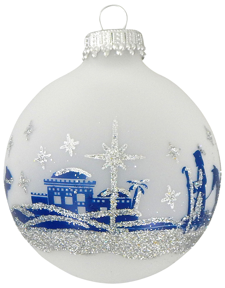 Glass Christmas Tree Ornaments - 67mm/2.625" [4 Pieces] Decorated Balls from Christmas by Krebs Seamless Hanging Holiday Decor (Frost with Blue & Silver Bethlehem Scene)