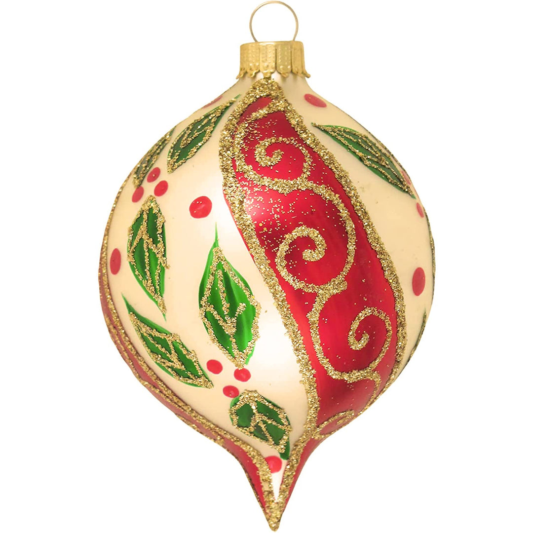 Glass Christmas Tree Ornaments - 67mm/2.63" [4 Pieces] Decorated Balls from Christmas by Krebs Seamless Hanging Holiday Decor (Chiffon Gold 3.5" Onion with Holly & Scrolls)