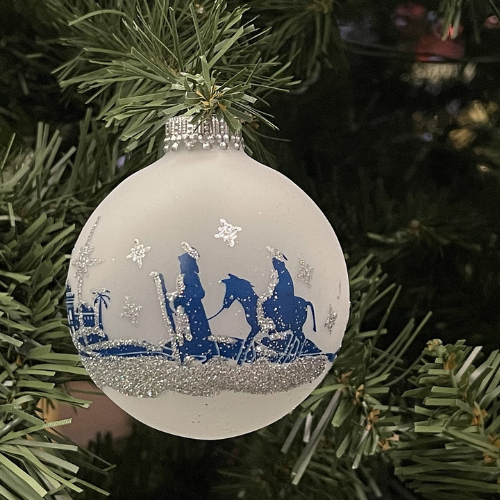 Glass Christmas Tree Ornaments - 67mm/2.625" [4 Pieces] Decorated Balls from Christmas by Krebs Seamless Hanging Holiday Decor (Frost with Blue & Silver Bethlehem Scene)