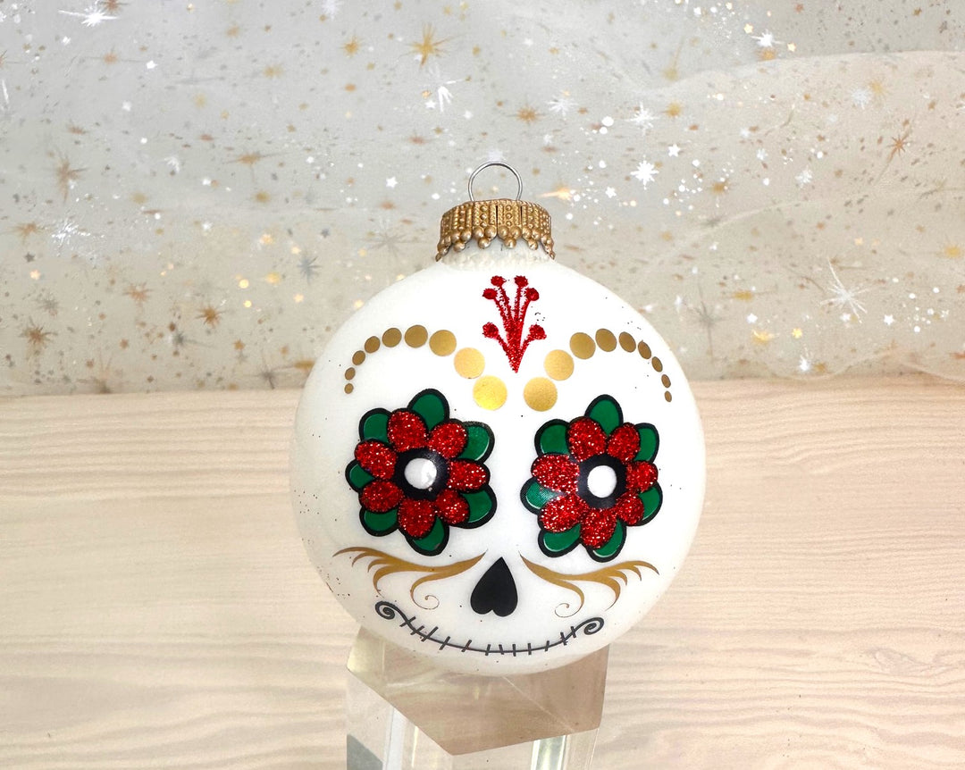 Halloween Tree Ornaments - 67mm/2.625" Decorated Glass Balls from Christmas by Krebs - Handmade Seamless Hanging Holiday Decorations for Trees - Set of 4 (Shiny Porcelain White with Day of the Dead #2)