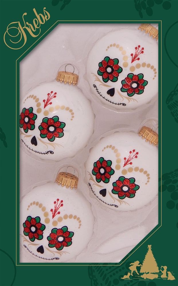 Halloween Tree Ornaments - 67mm/2.625" Decorated Glass Balls from Christmas by Krebs - Handmade Seamless Hanging Holiday Decorations for Trees - Set of 4 (Shiny Porcelain White with Day of the Dead #2)