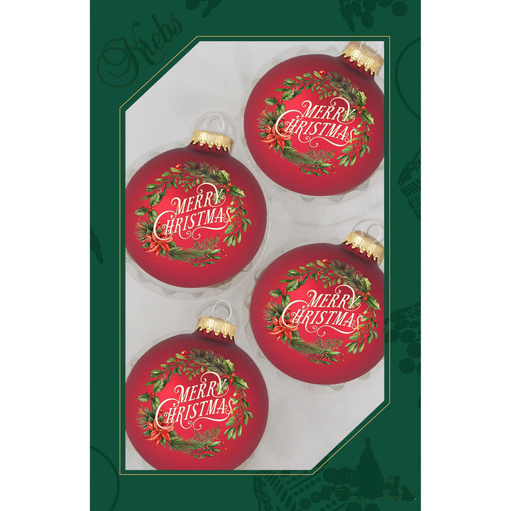 Glass Christmas Tree Ornaments - 67mm/2.625" [4 Pieces] Decorated Balls from Christmas by Krebs Seamless Hanging Holiday Decor (Red Velvet with Merry Christmas Wreath)