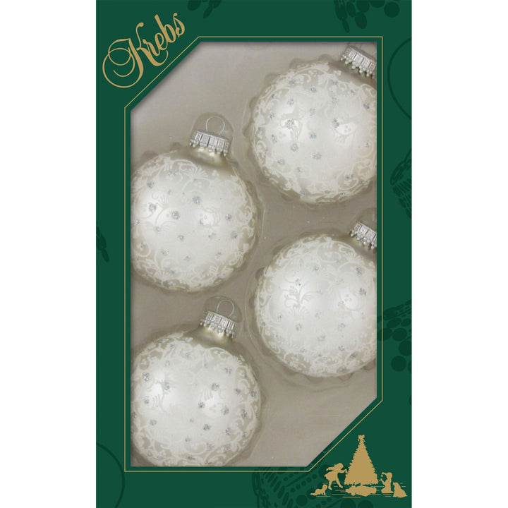 Glass Christmas Tree Ornaments - 67mm/2.63" [4 Pieces] Decorated Balls from Christmas by Krebs Seamless Hanging Holiday Decor (Silver Pearl with Lace and Silver Sparkles)