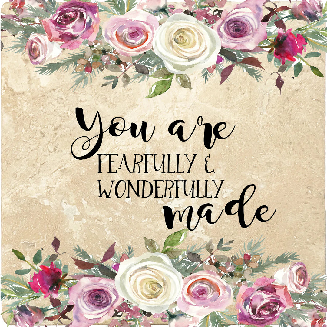 4 inch Square Travertine Religious Gift Coasters You Are Fearfully & Wonderfully Made, 2 Sets of 4, 8 Pieces - Christmas by Krebs Wholesale