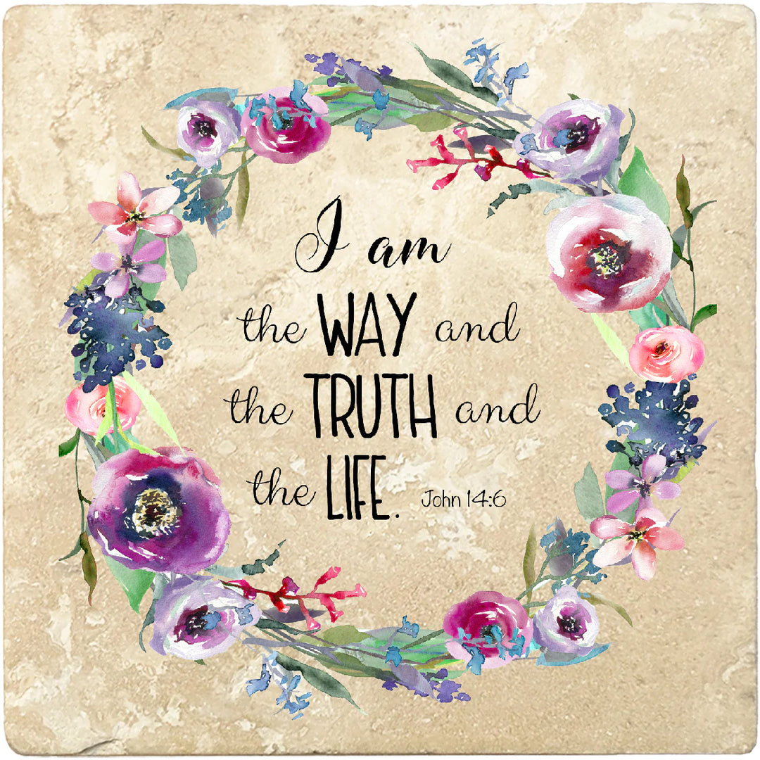 4 inch Square Travertine Religious Gift Coasters I Am The Way Truth Life, 2 Sets of 4, 8 Pieces - Christmas by Krebs Wholesale
