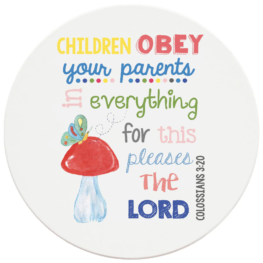 4 inch Round Religious Ceramic Coasters Children Obey Your Parents, 2 Sets of 4, 8 Pieces - Christmas by Krebs Wholesale
