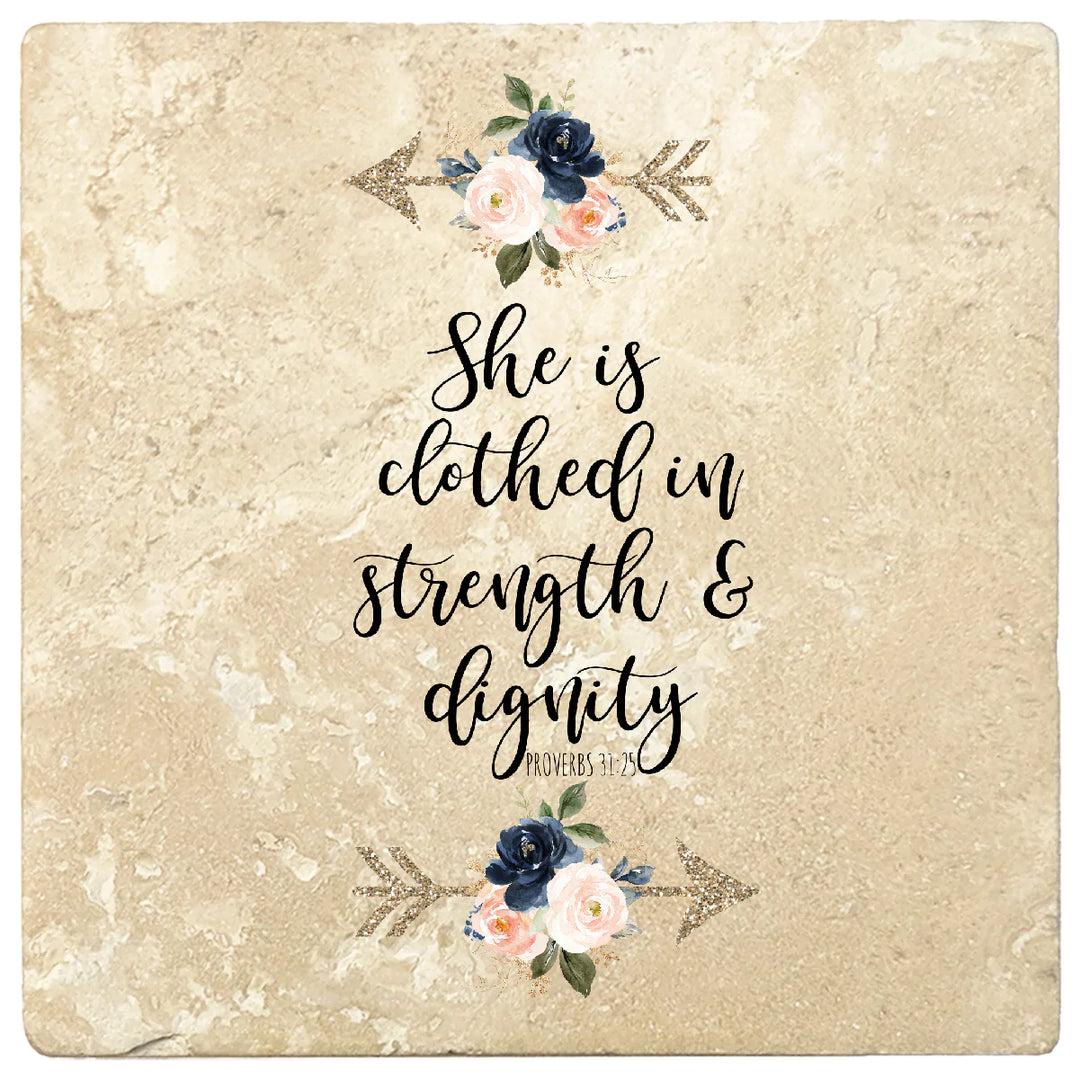 4 inch Square Travertine Religious Gift Coasters She Is Clothed In, 2 Sets of 4, 8 Pieces - Christmas by Krebs Wholesale