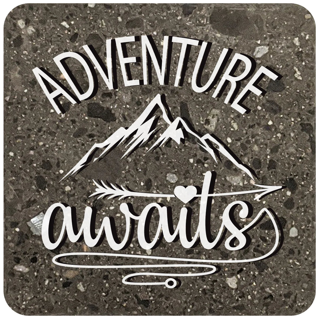 4" Square Black Stone Coaster - Adventure Awaits, 2 Sets of 4, 8 Pieces - Christmas by Krebs Wholesale