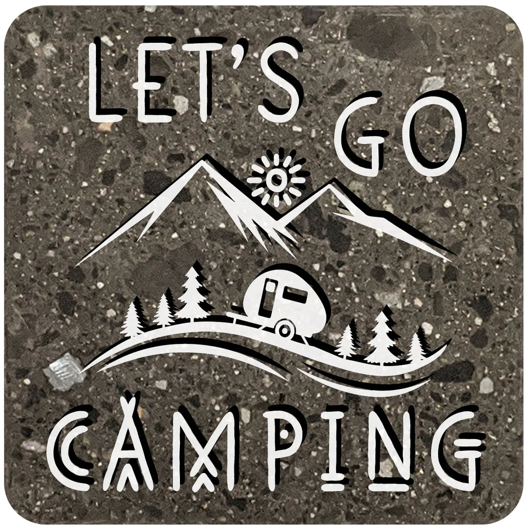 4" Square Black Stone Coaster - Lets Go Camping, 2 Sets of 4, 8 Pieces - Christmas by Krebs Wholesale