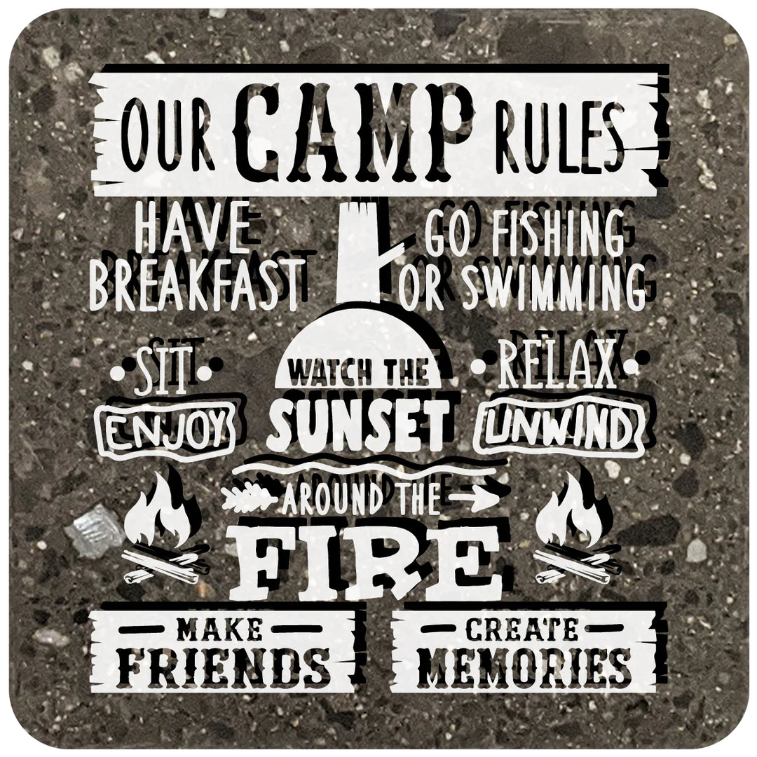 4" Square Black Stone Coaster - Our Camp Rules, 2 Sets of 4, 8 Pieces - Christmas by Krebs Wholesale
