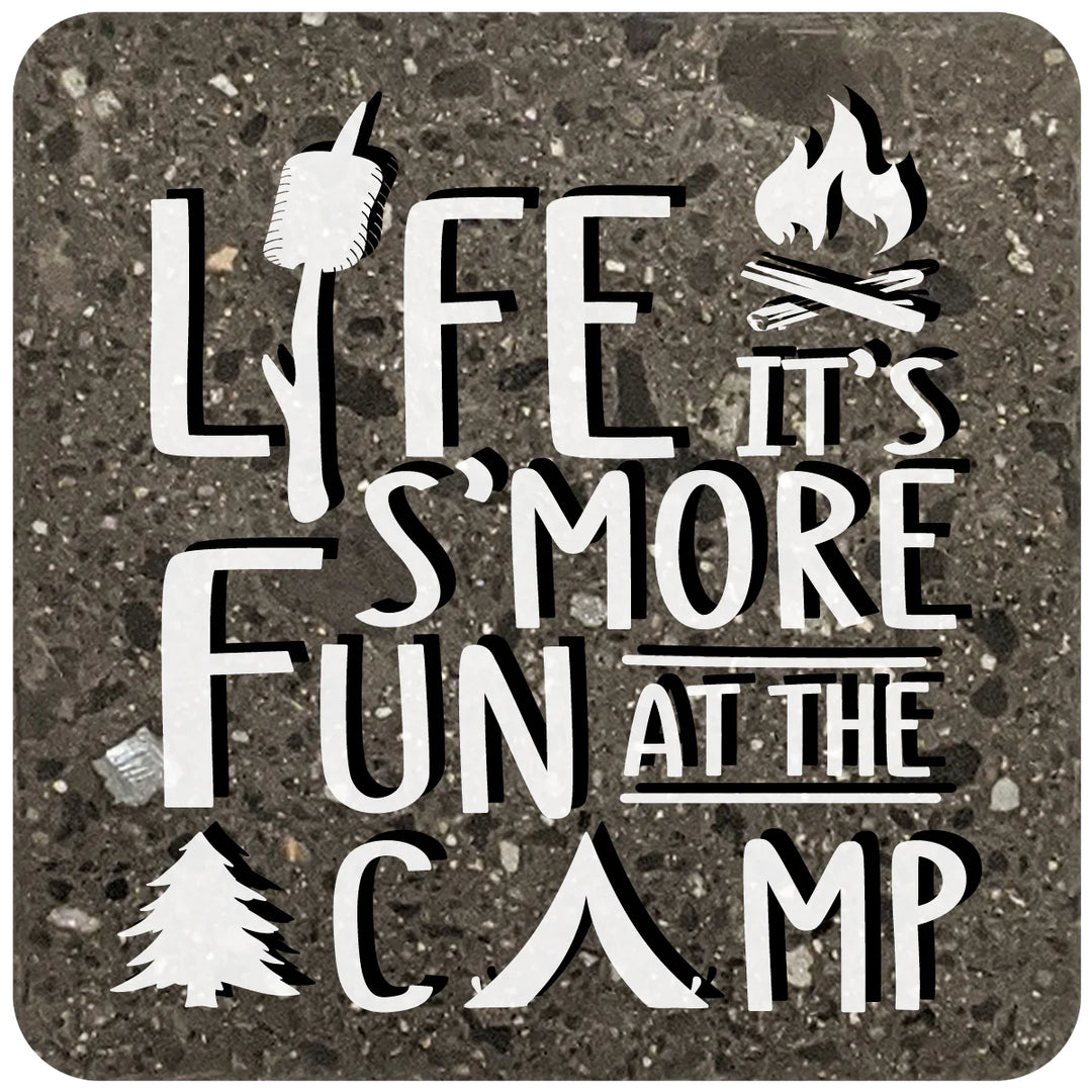 4" Square Black Stone Coaster - Life Its Smore Fun At The Camp, 2 Sets of 4, 8 Pieces - Christmas by Krebs Wholesale