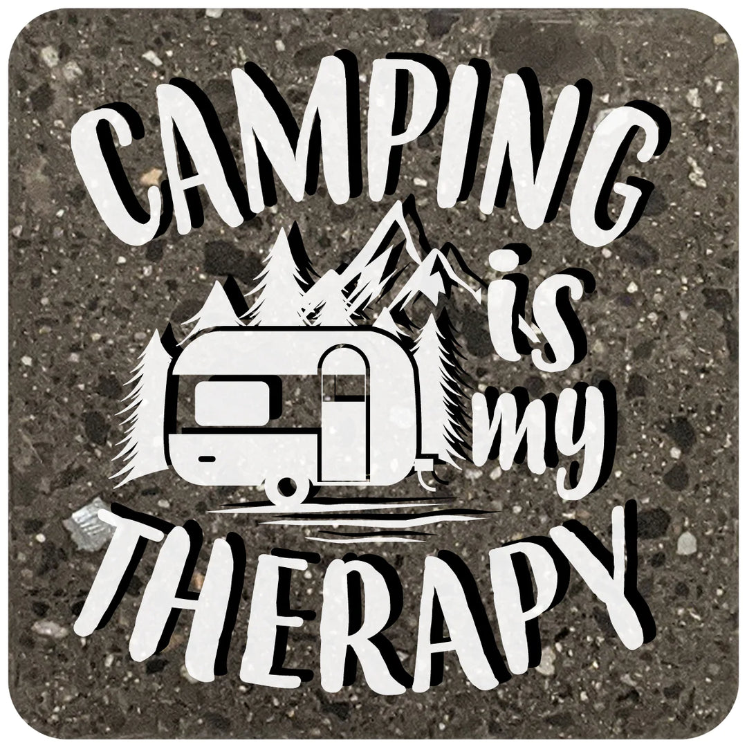 4" Square Black Stone Coaster - Camping Is My Therapy, 2 Sets of 4, 8 Pieces - Christmas by Krebs Wholesale