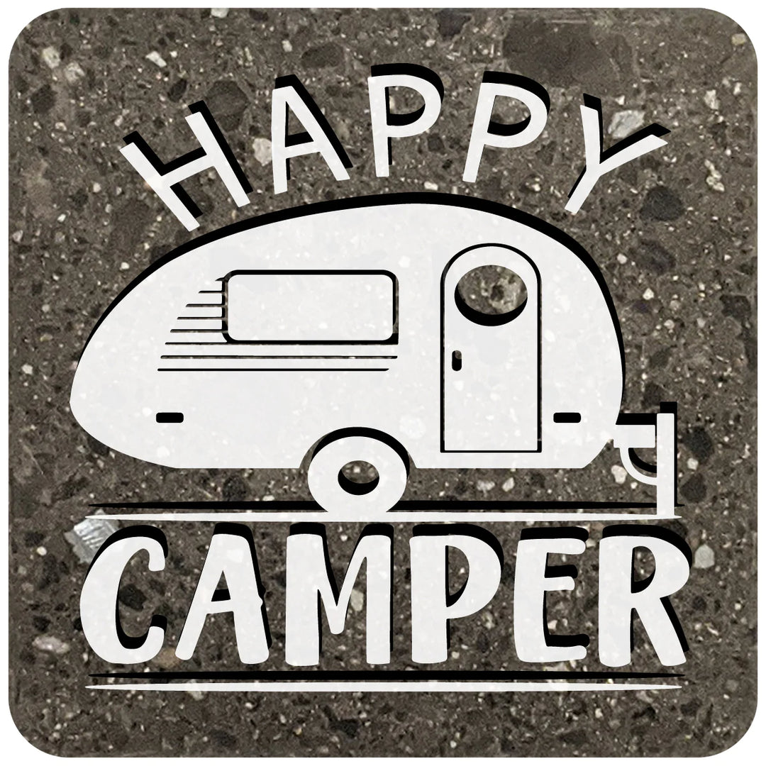 4" Square Black Stone Coaster - Happy Camper, 2 Sets of 4, 8 Pieces - Christmas by Krebs Wholesale