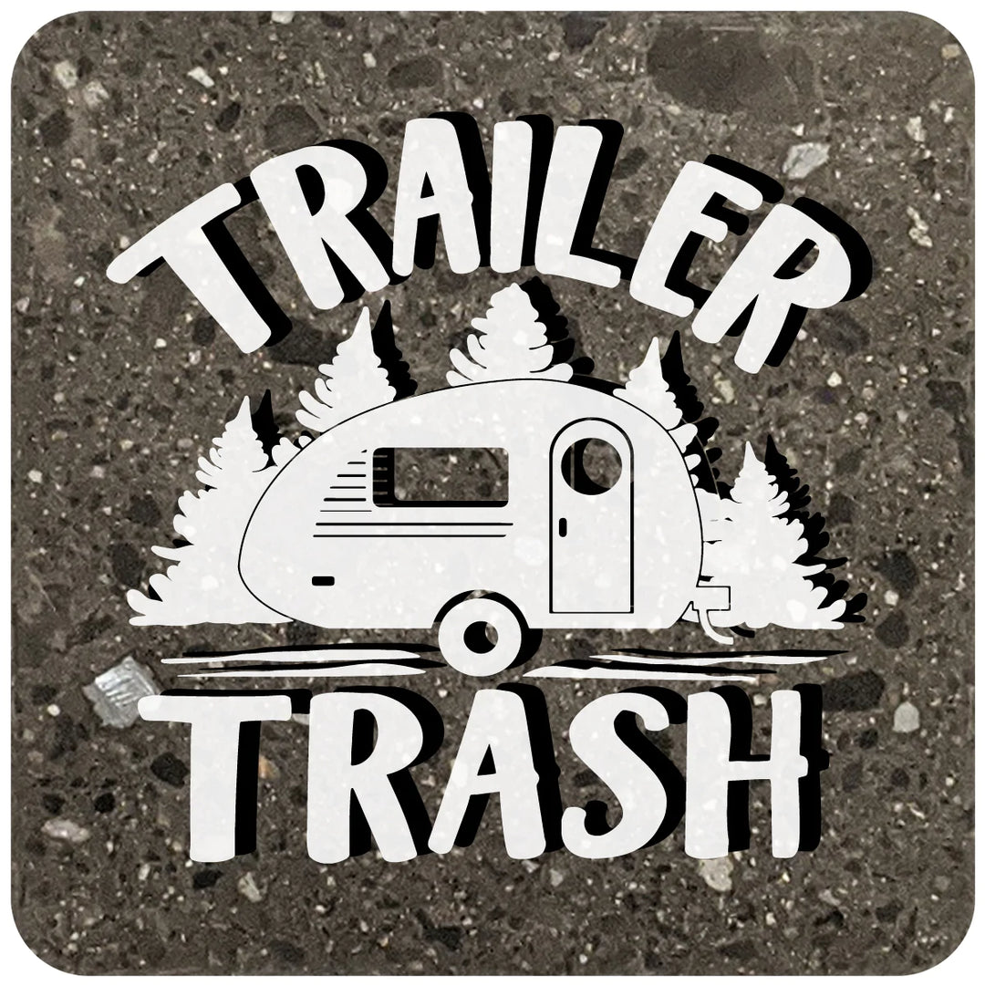 4" Square Black Stone Coaster - Trailer Trash, 2 Sets of 4, 8 Pieces - Christmas by Krebs Wholesale