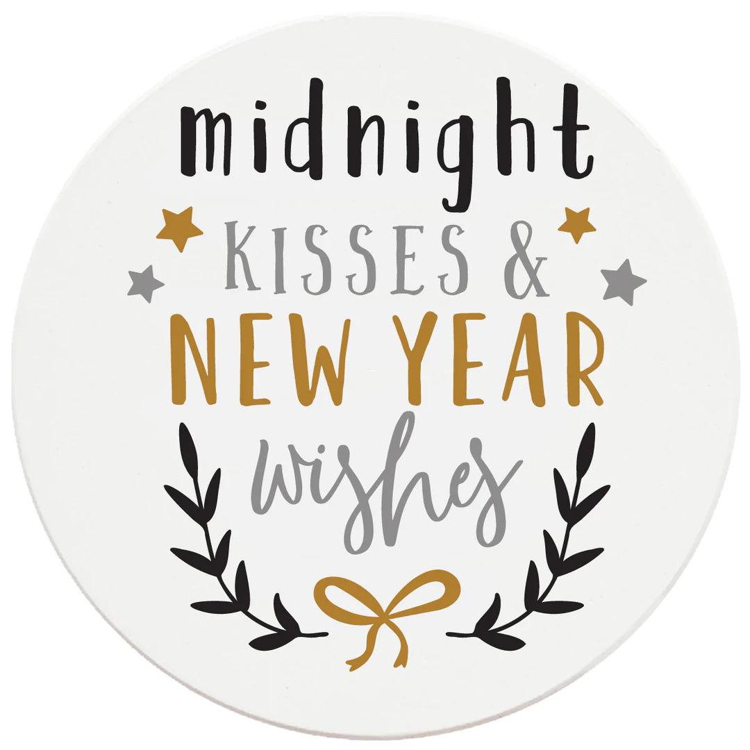 4 Inch Round Ceramic Coaster Set, Midnight Kisses & New Years Wishes, 2 Sets of 4, 8 Pieces - Christmas by Krebs Wholesale