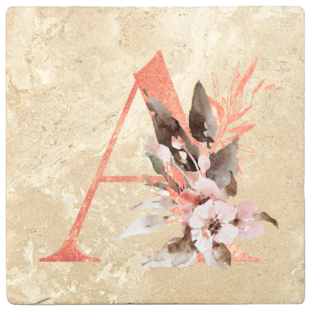 4" Absorbent Stone Monogram Coasters, Floral Rose Gold, 2 Sets of 4, 8 Pieces - Christmas by Krebs Wholesale