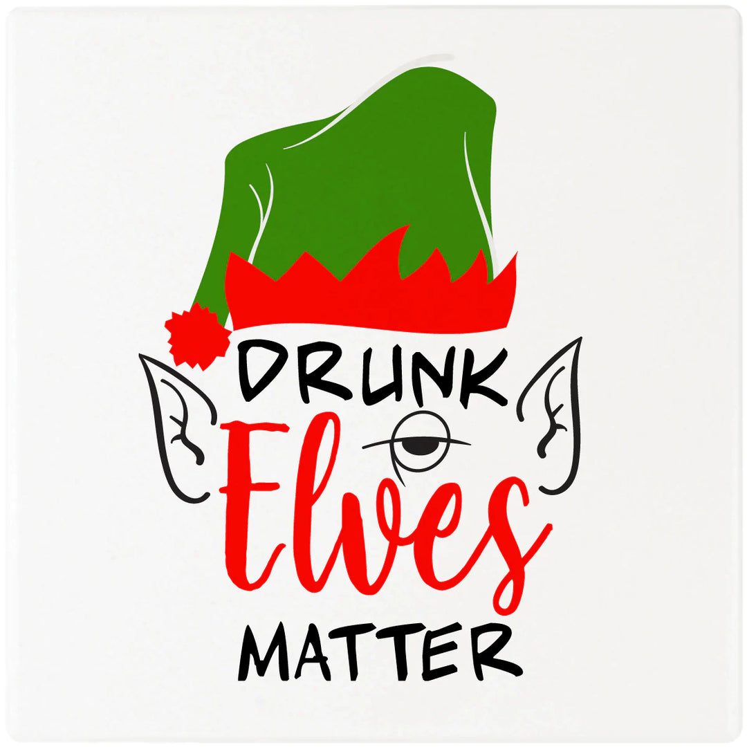 4" Square Cermaic Christmas Humor Coaster Set, Drunk Elves Matter, 2 Sets of 4, 8 Pieces - Christmas by Krebs Wholesale