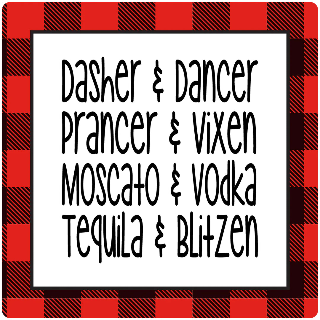 4" Square Cermaic Christmas Humor Coaster Set, Dasher & Dancer, 2 Sets of 4, 8 Pieces - Christmas by Krebs Wholesale