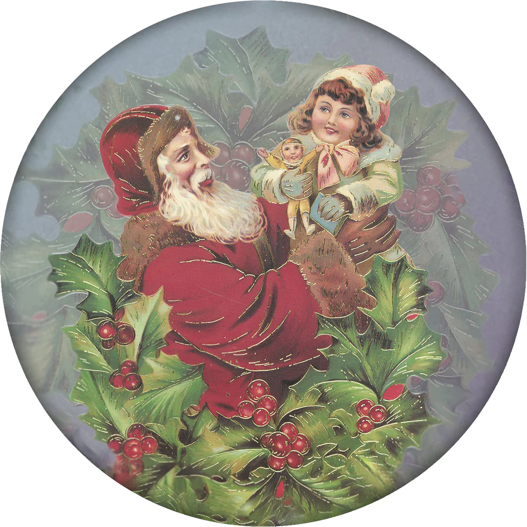 4 Inch Round Ceramic Coaster Set, Historic Santa with Child and Greenery, 2 Sets of 4, 8 Pieces - Christmas by Krebs Wholesale