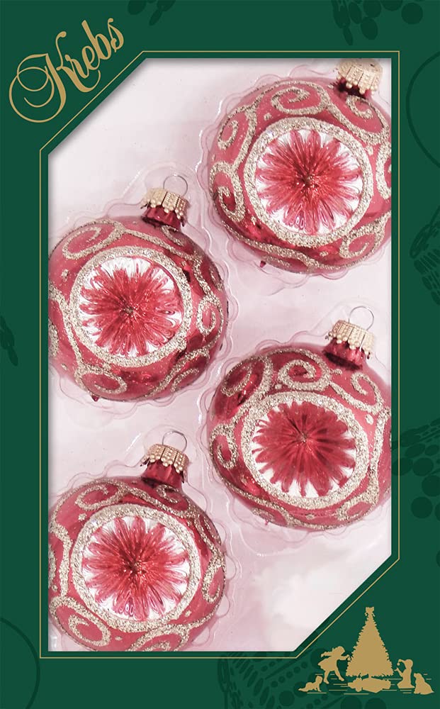 Glass Christmas Tree Ornaments - 67mm/2.63" [4 Pieces] Decorated Balls from Christmas by Krebs Seamless Hanging Holiday Decor (Christmas Red Reflectors with Gold Scrolls)