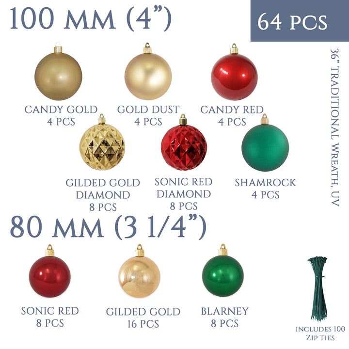 Christmas By Krebs Shatterproof Wreath Decorating Kits - ORNAMENTS ONLY - UV and Weather Resistant (Traditional - UV, 48 Inch - 88 Ornaments)