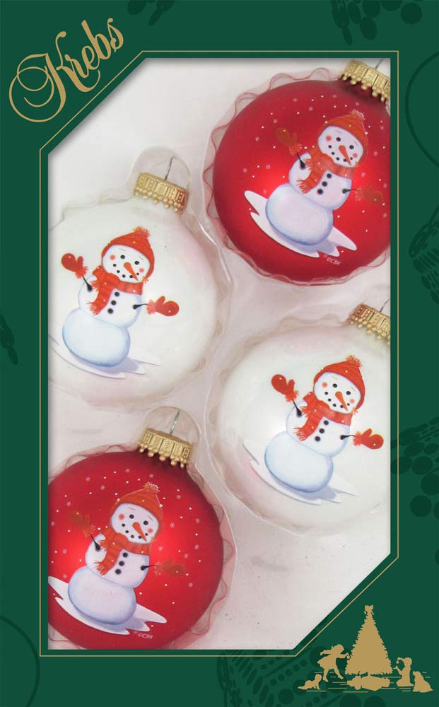 Glass Christmas Tree Ornaments - 67mm/2.63" [4 Pieces] Decorated Balls from Christmas by Krebs Seamless Hanging Holiday Decor (Porcelain White and Flame Red with Snowman)