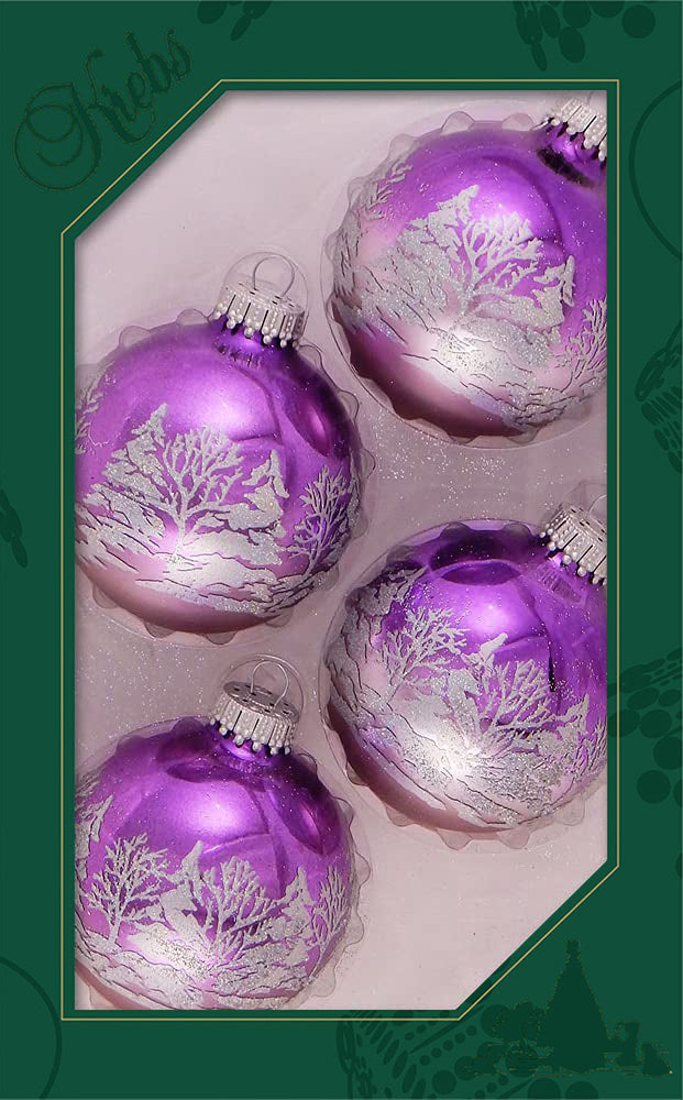 Glass Christmas Tree Ornaments - 67mm/2.625" [4 Pieces] Decorated Balls from Christmas by Krebs Seamless Hanging Holiday Decor (Shiny Purple and Gray Velvet with White Trees)