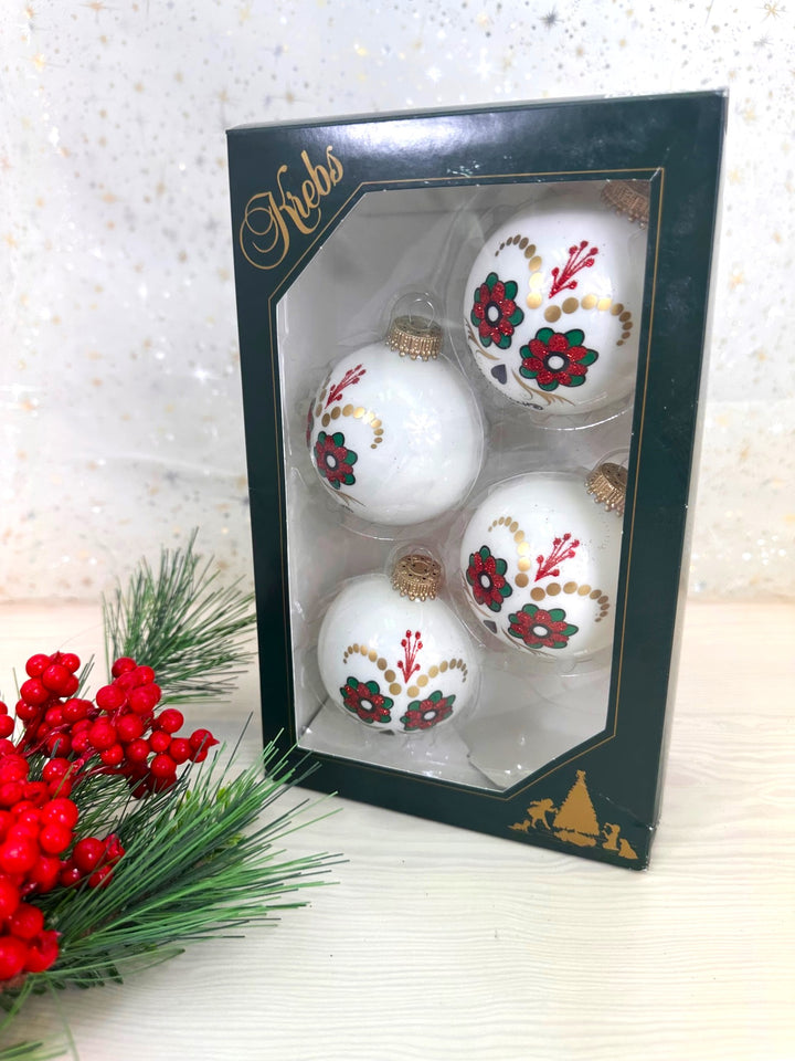 Halloween Tree Ornaments - 67mm/2.625" Decorated Glass Balls from Christmas by Krebs - Handmade Seamless Hanging Holiday Decorations for Trees - Set of 4 (Shiny Porcelain White with Day of the Dead #2)