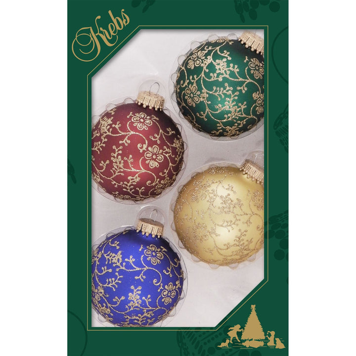 Glass Christmas Tree Ornaments - 67mm/2.63" [4 Pieces] Decorated Balls from Christmas by Krebs Seamless Hanging Holiday Decor (Traditional Colors with Gold Glitterlace)