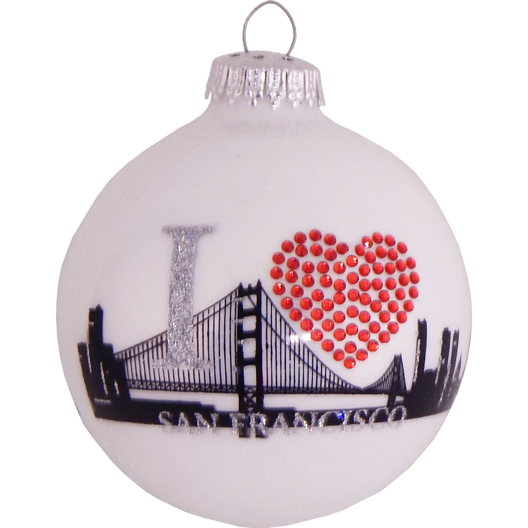 3 1/4" Pearl White "I Heart San Francisco" City Skyline Glass Ornaments