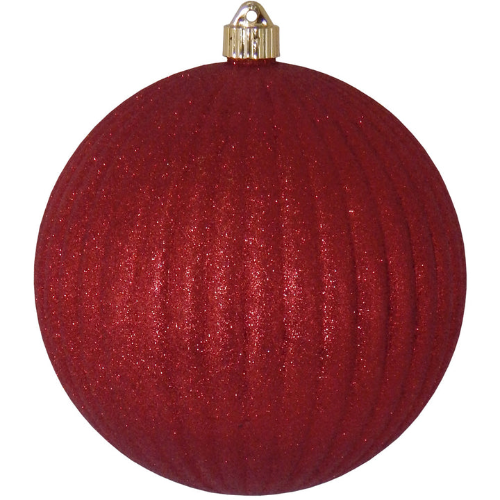 Christmas By Krebs 8" (200mm) Ribbed Red Glitter [1 Piece] Solid Commercial Grade Indoor and Outdoor Shatterproof Plastic, Water Resistant Ball Ornament Decorations