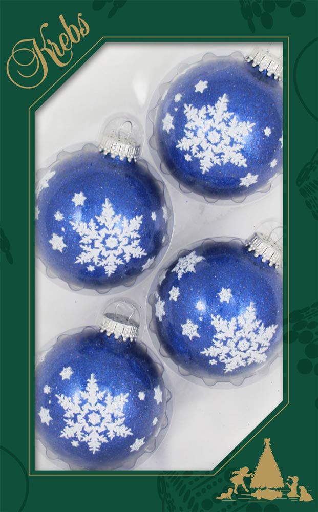 Glass Christmas Tree Ornaments - 67mm/2.63" [4 Pieces] Decorated Balls from Christmas by Krebs Seamless Hanging Holiday Decor (Dark Blue Sparkle with White Snowflakes)