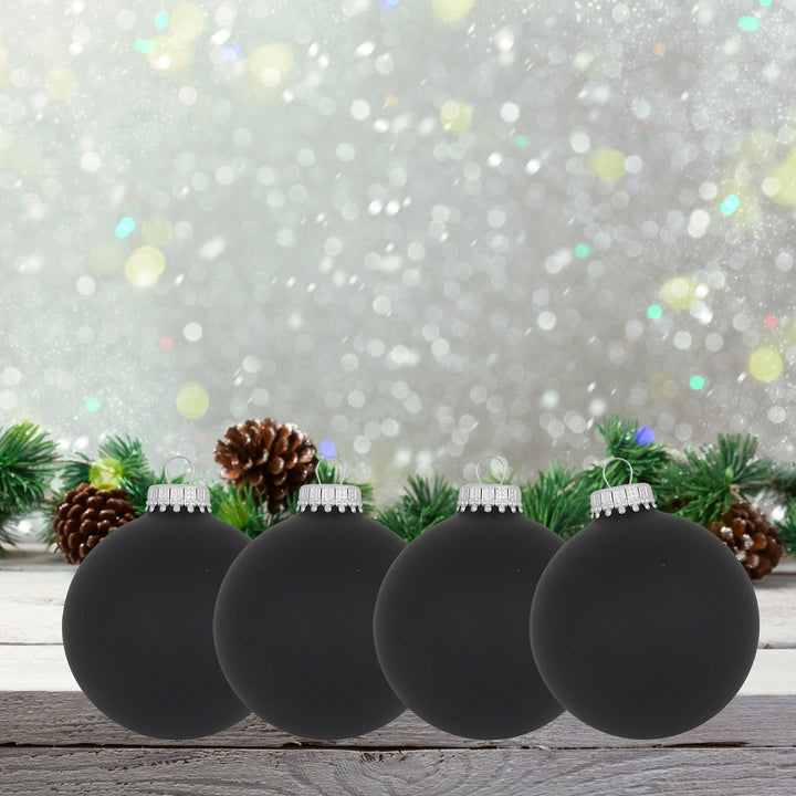 Glass Christmas Tree Ornaments - 80mm / 3.25" [4 Pieces] Designer Balls from Christmas By Krebs Seamless Hanging Holiday Decor (Ebony Black)