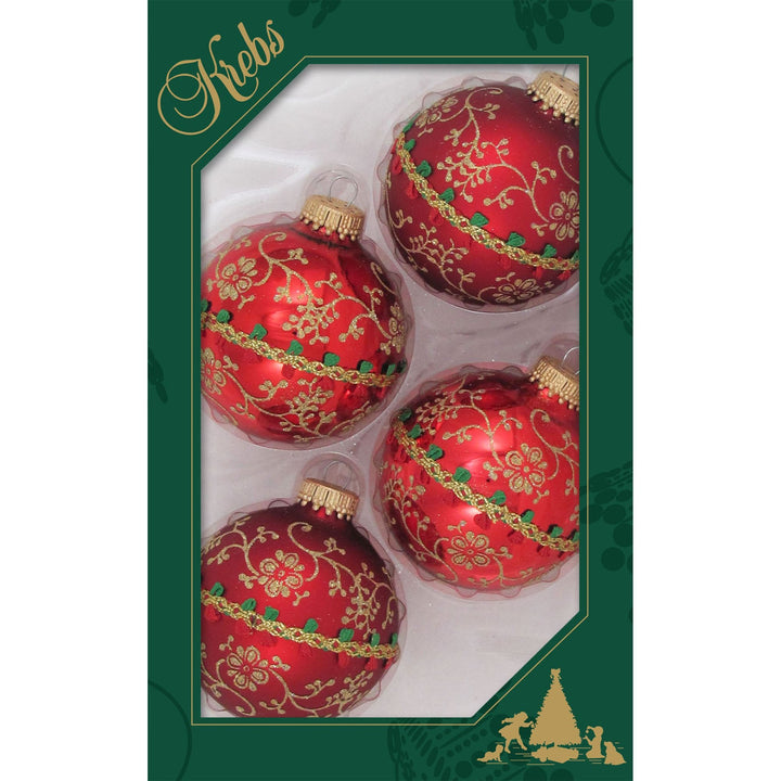 Glass Christmas Tree Ornaments - 67mm/2.63" [4 Pieces] Decorated Balls from Christmas by Krebs Seamless Hanging Holiday Decor (Red & Velvet w/ Glitterlace and Braid)